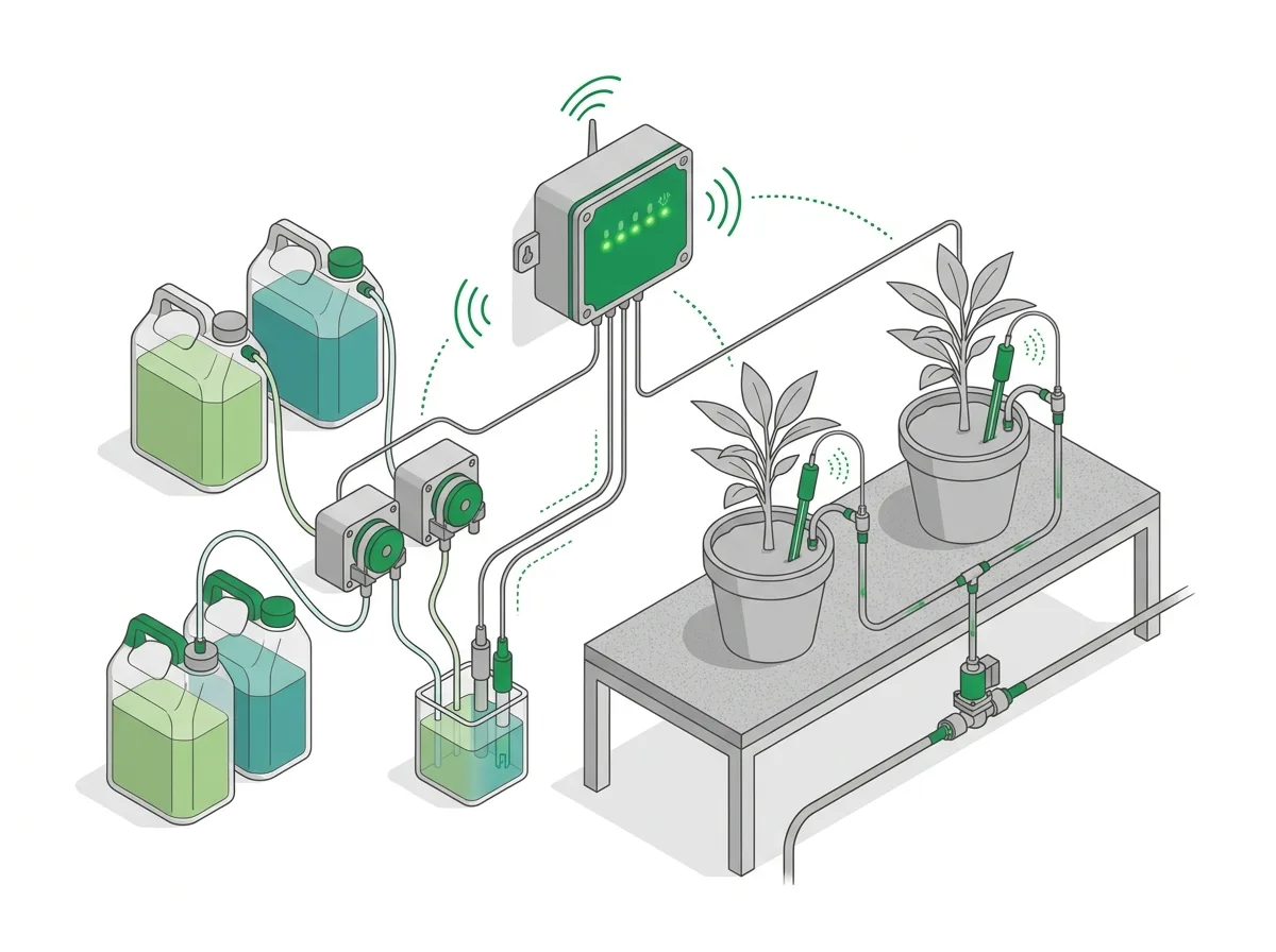 Growbud Controller running closed-loop irrigation with two Dro sensors, a solenoid valve, and peristaltic pH and EC dosing pumps feeding a nutrient reservoir