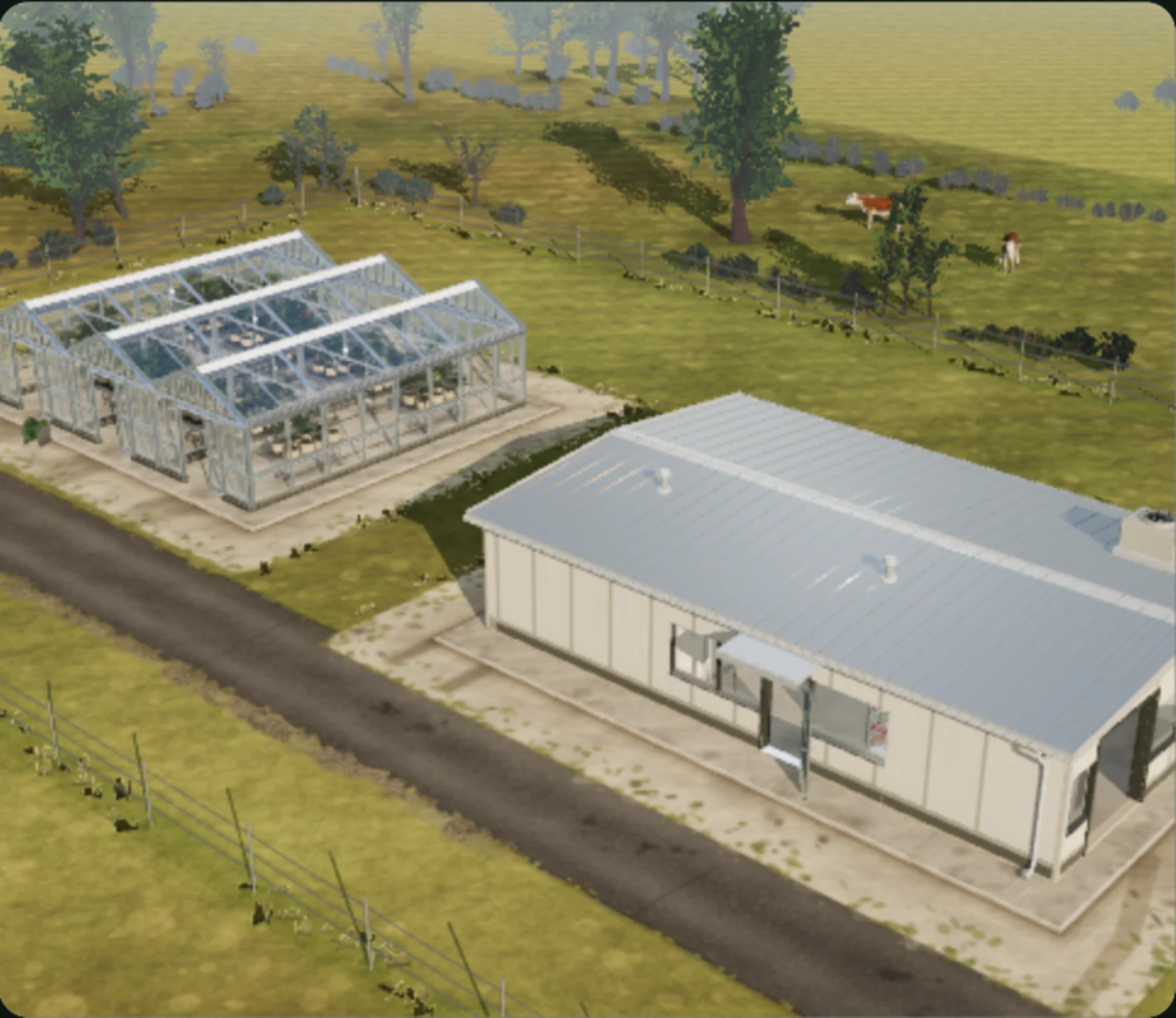 The Growbud app layout view in 3D: a three-bay greenhouse and a curing, drying, and cold storage building on one site